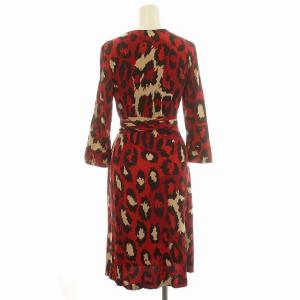 DIANE von FURSTENBERG ワンピース シルク タイト ラップワンピース 七分袖 ひざ丈 4 M 赤 ベージュ
