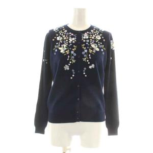 Chesty ニットカーディガン 長袖 クルーネック 刺繍 花柄 ビーズ スパンコール装飾 F 紺 ネイビー マルチカラー