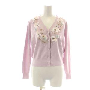 23SS ニットカーディガン 長袖 Vネック 花柄 スパンコール ビーズ ビジュー装飾 チュール F ラベンダー マルチカラー