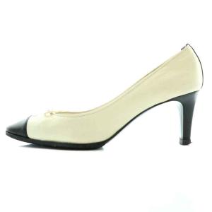 CHANEL パンプス レザー ココマーク リボン ハイヒール バイカラー 36 23.0cm 白 ホワイト 黒 ブラック