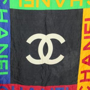 CHANEL スカーフ ココマーク ロゴプリント 黒 ブラック 黄 イエロー 青 ブルー