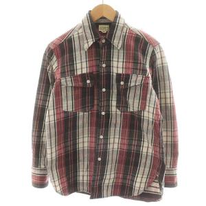 シャツ 長袖 チェック柄 コットン 36 S 茶 ブラウン 赤 レッド