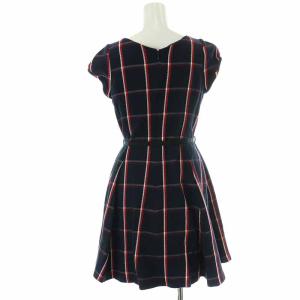 BLUE LABEL CRESTBRIDGE フレアワンピース ひざ丈 チェック ベルト 半袖 36 S 紺 ネイビー 赤 レッド