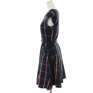 BLUE LABEL CRESTBRIDGE フレアワンピース ひざ丈 チェック ベルト 半袖 36 S 紺 ネイビー 赤 レッド