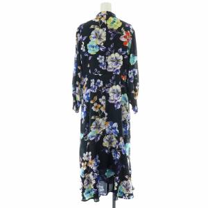GRACE CONTINENTAL 21SS ヘムフレアプリントワンピース フレアワンピース ミモレ ロング ボウタイ 花柄 長袖 38 M 紺 ネイビー 0121131193