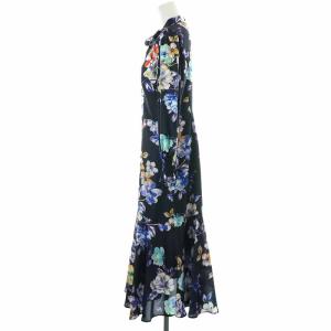 GRACE CONTINENTAL 21SS ヘムフレアプリントワンピース フレアワンピース ミモレ ロング ボウタイ 花柄 長袖 38 M 紺 ネイビー 0121131193
