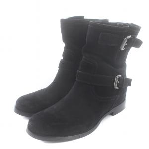 PRADA エンジニアブーツ ショート アーモンドトゥ チャンキーヒール ベルト スエード 37.5 24.5cm 黒 ブラック