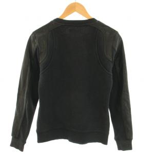 DIESEL スウェット トレーナー クルーネック 長袖 ラムレザー 切替 コットン ロゴプレート XS 黒 ブラック