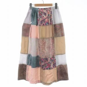Tao AD2002 パッチワークスカート ミモレ ロング イージー 柄 絹混 シルク混 ベージュ ピンク マルチカラー