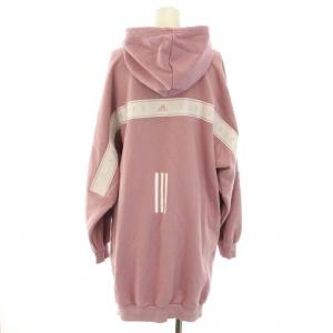 adidas スウェットフーディーワンピース パーカーワンピ チュニック ひざ丈 長袖 ロゴプリント 裏起毛 XL ピンク