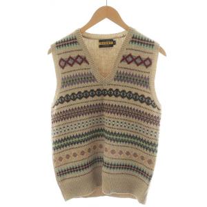 ニット ベスト プルオーバー 総柄 ウール カシミヤ混 麻混 リネン混 S ベージュ