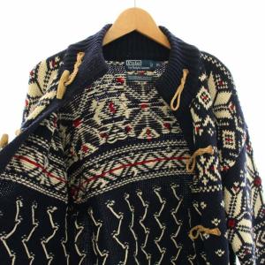 POLO RALPH LAUREN 90s ヴィンテージ ノルディックダッフルニットカーディガン 長袖 木製トグル ウール XL 紺 ネイビー 白 ホワイト 赤