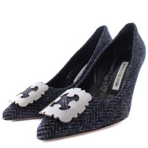MANOLO BLAHNIK ZOBIX パンプス ハイヒール ポインテッドトゥ メタルバックル付き ツイード 37 24?p 紺 ネイビー