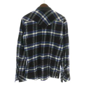 ISAMU KATAYAMA BACKLASH ネルシャツ カジュアルシャツ チェック スタンドカラー 長袖 レザー 絹 シルク L 紺 ネイビー 黒 ブラック 白 ホワイト