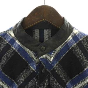 ISAMU KATAYAMA BACKLASH ネルシャツ カジュアルシャツ チェック スタンドカラー 長袖 レザー 絹 シルク L 紺 ネイビー 黒 ブラック 白 ホワイト