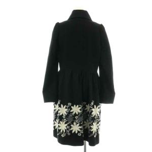 Lois CRAYON ステンカラーコート ロング シングル 花柄 刺繍 ギャザー 裏地総柄 ウール M 黒 ブラック 白 ホワイト