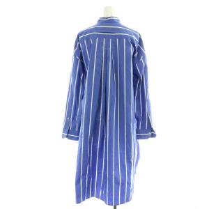 TICCA シャツワンピース ロング ミモレ フレア 長袖 スタンドカラー ストライプ ハーフボタン プルオーバー F 青 ブルー 白
