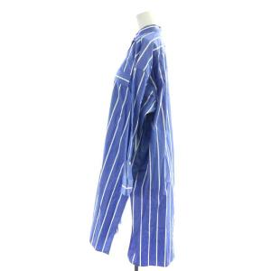 TICCA シャツワンピース ロング ミモレ フレア 長袖 スタンドカラー ストライプ ハーフボタン プルオーバー F 青 ブルー 白