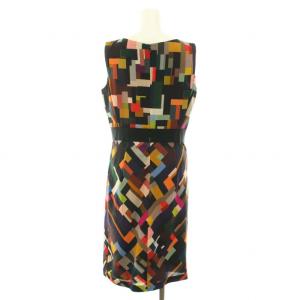 PAULE KA ワンピース ひざ丈 ノースリーブ リボンモチーフ 総柄 ウール 38 M 黒 ブラック 緑 グリーン 赤 レッド