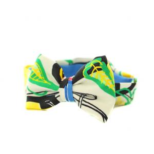 HERMES ヌーパピヨン NOEUD PAPILLON 蝶ネクタイ チョーカー 総柄 絹 シルク 白 ホワイト 緑 グリーン 青 ブルー