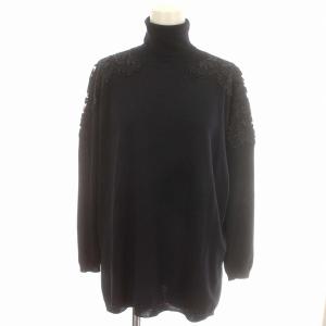 カットソー ニット タートルネック レース シルク混 ウール 長袖 XS 黒 ブラック