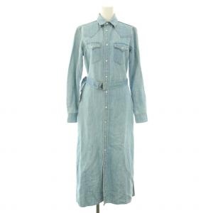 デニムシャツワンピース ロング スタンダードカラー 長袖 ベルト 麻混 リネン混 0 XS 水色 ライトブルー