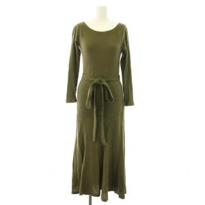 コットンボートネックミディドレス ワンピース ロング 長袖 リボンベルト XS カーキ