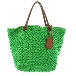かごバッグ ハンドバッグ トートバッグ 編み込み ロゴプレートチャーム コットン レザー 緑 グリーン 茶 ブラウン