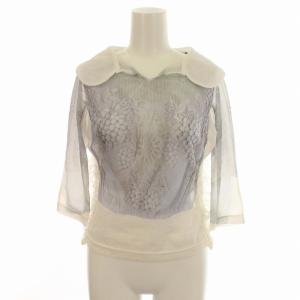 シースルー カットソー レース 七分袖 シャツ 丸襟 ブラウス S 白 グレー