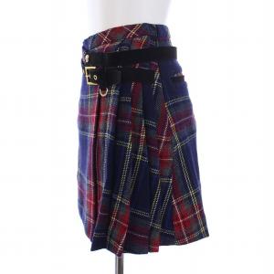 MARK&LONA フェイクラップ 台形スカート ミニ チェック スカル ベルト ウール 36 S 赤 紺 レッド ネイビー MLW-9C-AE09
