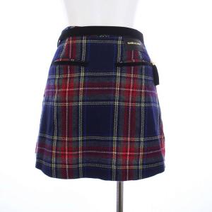 MARK&LONA フェイクラップ 台形スカート ミニ チェック スカル ベルト ウール 36 S 赤 紺 レッド ネイビー MLW-9C-AE09