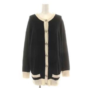 22SS ニットカーディガン 長袖 クルーネック パールボタン バイカラー 00 XS 黒 ブラック 白 ホワイト
