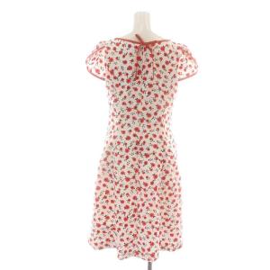 M'S GRACY 23SS ワンピース ひざ丈 フレア 半袖 ボートネック リボン 花柄 総柄 38 M 赤 レッド 白 ホワイト 黒 ブラック