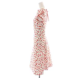 M'S GRACY 23SS ワンピース ひざ丈 フレア 半袖 ボートネック リボン 花柄 総柄 38 M 赤 レッド 白 ホワイト 黒 ブラック