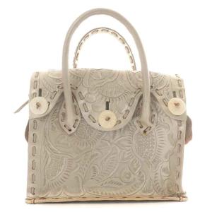 ハンドバッグ レザー 花柄 総柄 型押し ベージュ