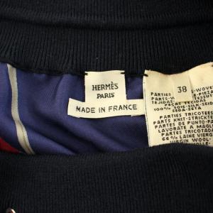 HERMES ゴルチエ期 ニットスカート ひざ丈 タイト イージー スカーフ柄 シルク混 38 ネイビー レッド