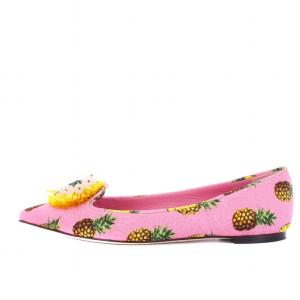 DOLCE&GABBANA ポインテッドトゥ パンプス フラット パイナップル柄 ビジュー 38.5 25.5cm ピンク