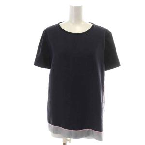 Tシャツ カットソー 半袖 クルーネック 切替 絹 シルク S 紺 ネイビー 黒 ブラック グレー