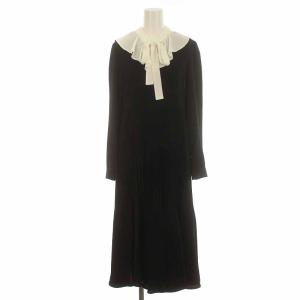 CELFORD 22AW ボウタイプリーツワンピース ひざ丈 フリル バイカラー 長袖 38 M 黒 ブラック 白 ホワイト