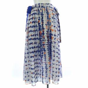 CYCLAS プリーツスカート フレア マキシ ロング 総柄 絹混 シルク混 34 XS 白 ホワイト 青 ブルー