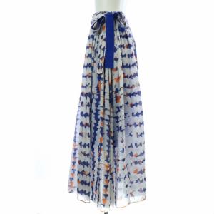 CYCLAS プリーツスカート フレア マキシ ロング 総柄 絹混 シルク混 34 XS 白 ホワイト 青 ブルー