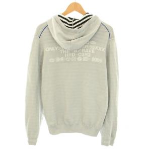 DIESEL ニットジップアップパーカー アウター ロゴプリント コットン 裏地ボーダー柄 M グレー 白 ホワイト