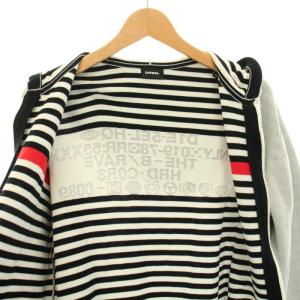 DIESEL ニットジップアップパーカー アウター ロゴプリント コットン 裏地ボーダー柄 M グレー 白 ホワイト