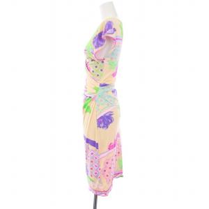 LEONARD PARIS FUCHSIA 花柄 カシュクールワンピース ノースリーブ タイト 総柄 36 S ベージュ