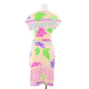 LEONARD PARIS FUCHSIA 花柄 カシュクールワンピース ノースリーブ タイト 総柄 36 S ベージュ