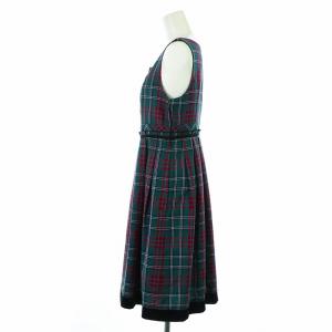 Lois CRAYON ワンピース フレア ミモレ ロング ノースリーブ スクエアネック チェック 切替 ベロア ウール M 緑 グリーン