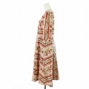 Lois CRAYON ワンピース フレア ミモレ ロング 七分袖 花柄 ボタン装飾 M 赤 レッド ピンク