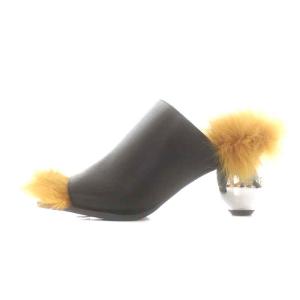 UN3D. フォックスファーサンダル FOX FUR SANDAL ミュール スクエアトゥ ハイヒール ボールヒール レザー 37 23.5cm