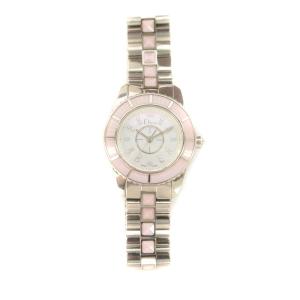 Christian Dior クリスタル 16Pダイヤ 腕時計 クォーツ アナログ 3針 シェル文字盤 シルバー色 ピンク