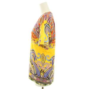 ETRO カットソー Tシャツ Vネック 半袖 総柄 ペイズリー柄 コットン 42 M 黄 イエロー オレンジ 紫 パープル